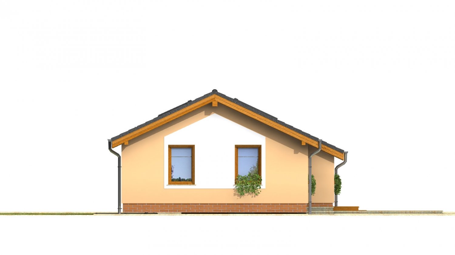 projekt pre lacný úzky dom na malý pozemok so sedlovou strechou, presvetlený strešnými oknami 